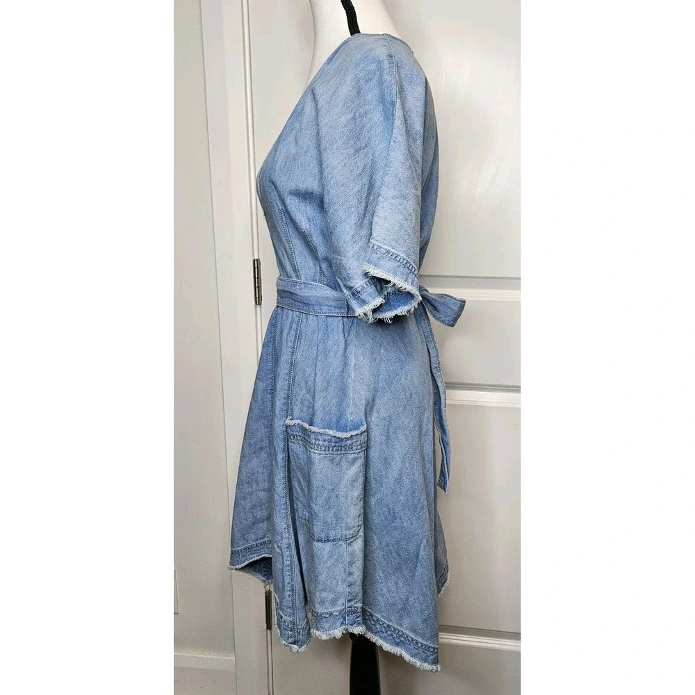 Free People Denim Asymmetrical Hem Mini Dress Size 4 Belted Dolman Sleeve Deep V